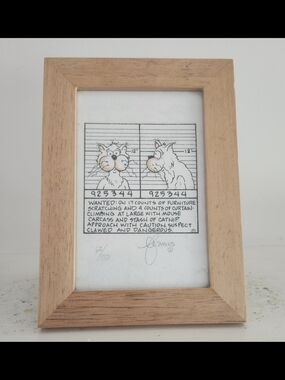 Framed Cartoon Mugshot Artwork in Natural Wood Frame - White/Light Brown